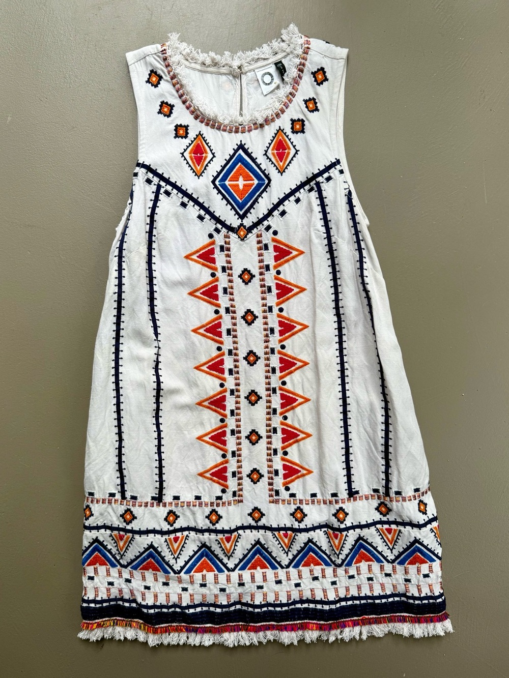 Anthropologie White Embroidered Fringe-Trim Tunic with Blue & Orange Accents